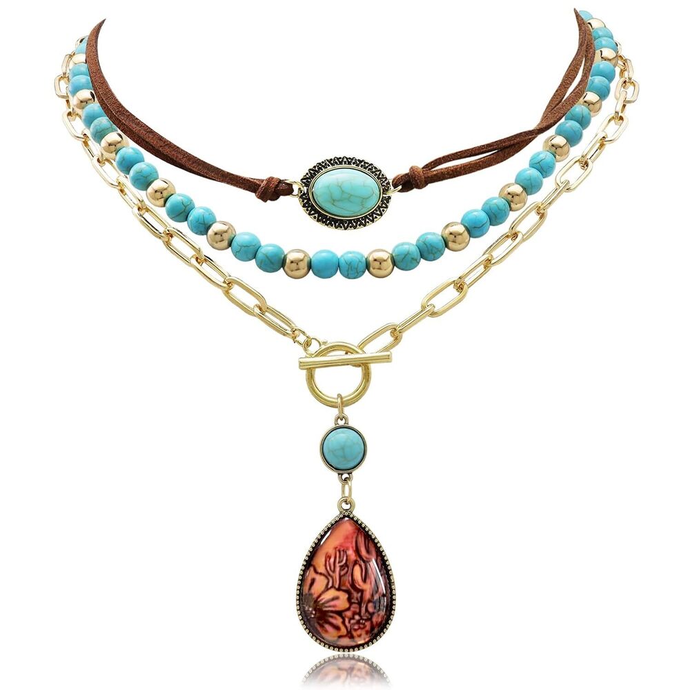 3 Pcs Layered Western Cowgirl Necklaces for Women Boho Turquoise Beaded
